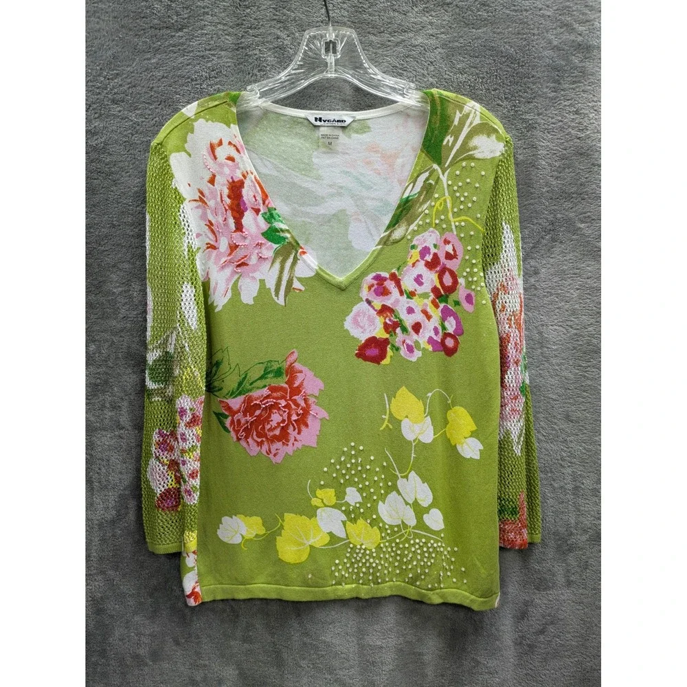 Floral Sweater Womens Medium Knit Mesh Sleeve Beaded Grannycore Cottagecore